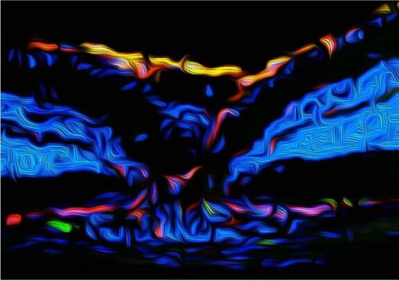 Vue artistique de la néovascularisation choroïdienne : les néovaisseaux (en rouge) apparaissent dans la rétine d’une souris. Cette croissance vasculaire est typique des patients avec DMLA exsudative. Les parties bleues correspondent aux noyaux des cellules. Le vert et le jaune montrent l’expression de l’ANGPTL4.&nbsp;
Crédit : Alexander Sodhi, McDonogh School.
